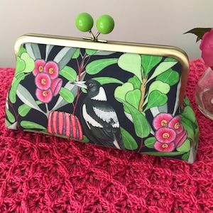 Clutch Purse/Bag //Brightly coloured Magpie,Blue Wren & Native Flora, Hand Beaded ,Fine cotton ,Brass Frame
