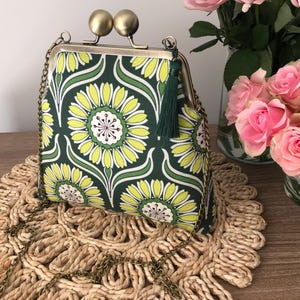 Modern Green White Daisy Clutch/Bag, Brass Frame with Large Retro Clasp, Hand Beaded,New Style Updated Pattern.