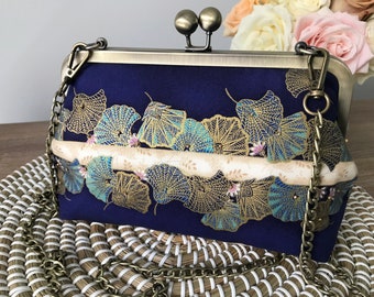 Clutch Purse/Bag Stunning Dark Royal Blue Gold Etched Ginkgo  Leaves, Hand Beaded Brass Frame with Brass Strap.NEW Style UPDATED Pattern.