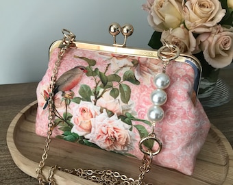 Clutch Purse/Bag Vintage Birds/Floral Peach Coral Cotton, Hand Beaded,Gold Frame, Pearl Handle Option,New Style Updated Pattern.