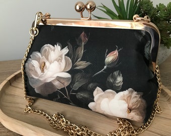 Clutch Purse/Bag Stunning Cream Roses on Black Imported Fabric, Hand Beaded,Gold Frame, Pearl Handle Option,New Style Updated Pattern.