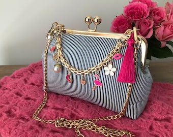 Clutch Purse/Bag NavyWhite Pinstripe,Gold Frame and Chain Strap.New Style Updated Pattern.