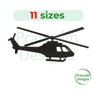 Op de afbeelding: Zwarte silhouet van een helikopter met 11 maten. De helikopter is naar rechts gericht.