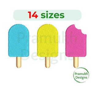 May include: Three embroidered popsicle designs in blue, yellow, and pink. The text "14 sizes" is above the popsicles. The text "Pramukh Designs" is below the popsicles.