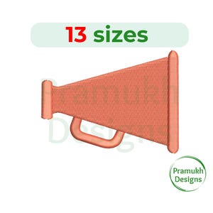 May include: A red megaphone with a handle, available in 13 sizes. The megaphone is a digital embroidery design.