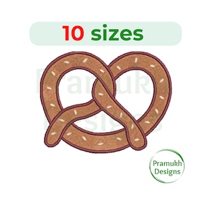 Könnte beinhalten: Ein brauner Brezel mit weißen Streuseln in Herzform, mit dem Text "10 Größen" darüber.