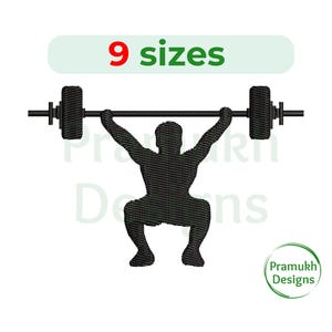 Pode incluir: Silhueta preta e branca de uma pessoa levantando uma barra. A imagem inclui o texto "9 tamanhos".