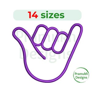 May include: Purple outline of a hand making the shaka sign, a popular Hawaiian gesture. The image includes the text "14 sizes".