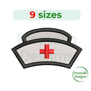 May include: Black and white embroidery design of a nurse's cap with a red cross. The design is available in 9 sizes.
