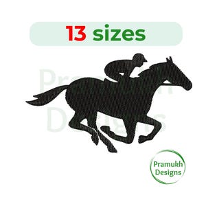 May include: Black silhouette of a horse and rider, the horse is running, the rider is wearing a cap, the image says "13 sizes"