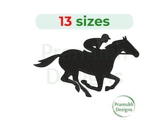 May include: Black silhouette of a horse and rider, the horse is running, the rider is wearing a cap, the image says "13 sizes"