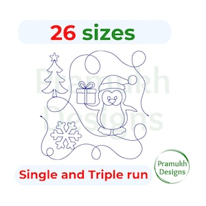 Puede incluir: Un dibujo lineal de un pingüino con un gorro de Papá Noel, sosteniendo un regalo, con un árbol de Navidad y un copo de nieve. El texto dice "26 tamaños" y "Single and Triple run". Diseño de Pramukh Designs.