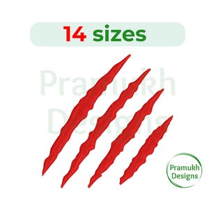 May include: Red claw marks embroidery design, available in 14 sizes. This digital download is perfect for creating unique projects like t-shirts, tote bags, and home decor.