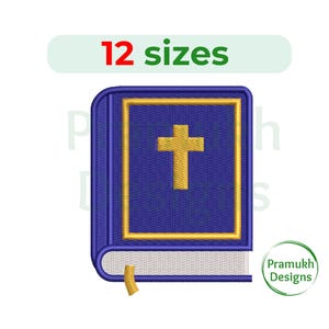 May include: Blue embroidered design of a closed book with a gold cross on the cover. The text "12 sizes" is above the book.