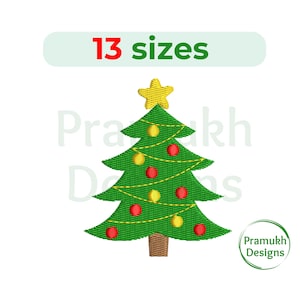 May include: Green Christmas tree with yellow lights and red ornaments. The tree has a yellow star on top. The text "13 sizes" is above the tree.