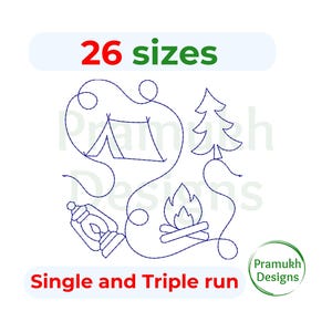 May include: Line art design featuring camping elements: a tent, tree, campfire, and lantern. The text "26 sizes" is above the design, and "Single and Triple run" is below. A circular logo with the text "Pramukh Designs" is in the lower right corner.