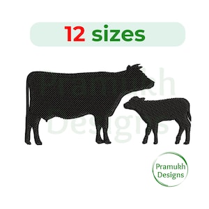 May include: A black machine embroidery design featuring a cow and a calf silhouette. The text 12 sizes is displayed in red and green at the top. A circular logo with the text Pramukh Designs is positioned in the bottom right corner.