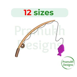 Puede incluir: Una caña de pescar marrón con un pez morado en la línea. El texto "12 tamaños" está encima de la imagen. El texto "Pramukh Designs" está debajo de la imagen.