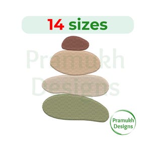 Puede incluir: Una pila de cuatro piedras ovaladas en varios tonos de marrón, beige y verde. Las piedras están apiladas una encima de la otra, con la piedra más grande en la parte inferior y la más pequeña en la parte superior. El texto "14 tamaños" está escrito en rojo sobre las piedras.