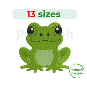 Puede incluir: Diseño de bordado de rana verde con ojos grandes y una boca sonriente. El diseño está disponible en 13 tamaños.
