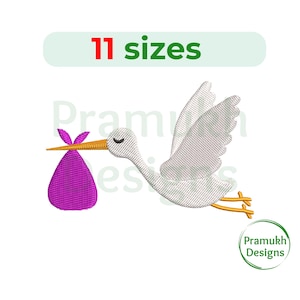 Puede incluir: Una cigüeña blanca con una bolsa rosa en su pico, volando con las alas extendidas. El texto "11 tamaños" está por encima de la cigüeña y "Pramukh Designs" está debajo de la cigüeña.
