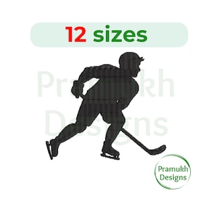 May include: Black silhouette of a hockey player skating with a stick. The image includes the text "12 sizes" and "Pramukh Designs".