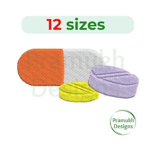 May include: An embroidery design of three pills, one large capsule with an orange and white design, and two smaller round pills, one yellow and one purple.
