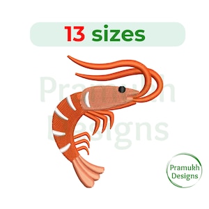 May include: An orange and white shrimp embroidery design with 13 sizes available. The shrimp is curled with its tail tucked under its body. The design is perfect for adding a touch of whimsy to your projects.