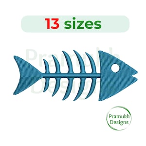 May include: Blue fish skeleton embroidery design with 13 sizes available. This digital download is perfect for creating unique projects.
