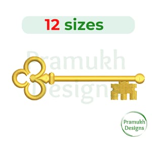 May include: A gold-colored key embroidery design. The key has a decorative handle with a three-loop design and a rectangular bit. The text "12 sizes" is above the key. The design is from Pramukh Designs.