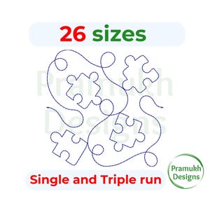 May include: A digital design of four puzzle pieces connected by curved lines. The design is available in 26 sizes and can be used for single or triple runs. The text "26 sizes" is written in red and green at the top of the image. The text "Single and Triple run" is written in red at the bottom of the image. The text " Pramukh Designs" is written in green in a circle at the bottom right of the image.