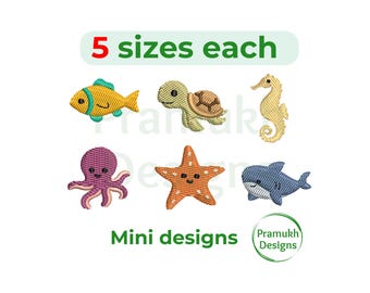 Mini Sea Animals Embroidery Design Set (1–2 inch) – Fish, Turtle, Seahorse, Octopus, Starfish, Shark, Instant Download