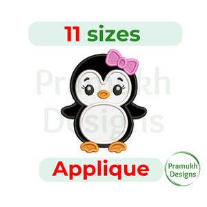 May include: An embroidery design of a penguin with black and white colouring, an orange beak and feet, and a pink bow on its head. The text 11 sizes and Applique is displayed above and below the penguin, with Pramukh Designs in the corner.