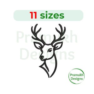 May include: A black line drawing of a deer head with large antlers. The image includes the text "11 sizes" in red and green, and a logo for Pramukh Designs.
