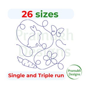 May include: A digital design featuring a bunny, butterfly, flower, and carrot, all in a continuous line drawing. The design includes the text "26 sizes" and "Single and Triple run". The design is in blue on a white background.