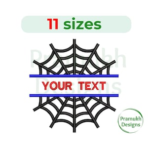 May include: Black spiderweb embroidery design with a blue and white split monogram frame. The text "YOUR TEXT" is in red.