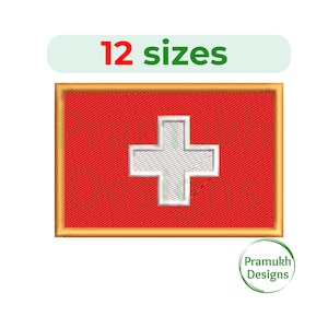 Puede incluir: Un diseño rectangular de la bandera suiza roja y blanca con un borde dorado. La bandera presenta una cruz blanca centrada en un fondo rojo. El texto "12 tamaños" está encima de la bandera.