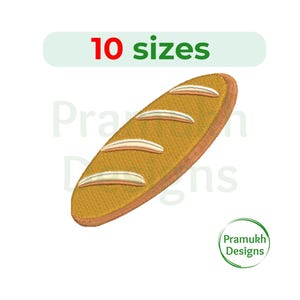 Peut inclure: Un motif de broderie numérique d'une baguette, une longue miche de pain français, avec une croûte brun clair et un intérieur blanc. Le motif est disponible en 10 tailles.