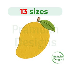 May include: A yellow mango with a green leaf and brown stem. The text "13 sizes" is above the mango in a green rectangle with red text. A circular logo with the text "Pramukh Designs" is in the lower right corner.