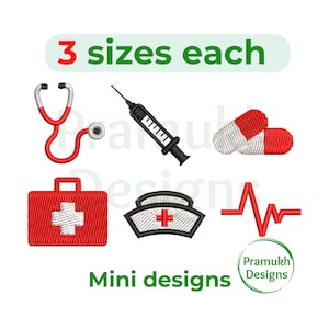 Puede incluir: Un conjunto de mini diseños con símbolos médicos. Incluye un estetoscopio rojo, una jeringa, pastillas, un botiquín de primeros auxilios, un gorro de enfermera y una línea de latido cardíaco roja. El texto dice "3 tamaños cada uno" y "Mini diseños".