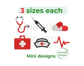 May include: A collection of mini designs featuring medical symbols. Includes a red stethoscope, syringe, pills, first aid kit, nurse's hat, and a red heartbeat line. The text reads "3 sizes each" and "Mini designs".