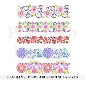 Może przedstawiać: Pięć wzorów haftu z kwiatowymi obramowaniami w różnych kolorach, w tym różowym, fioletowym, niebieskim i żółtym. Wzory są oznaczone jako "5 ENDLESS BORDER DESIGNS SET-2 SIZES".