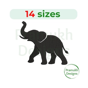 May include: Black elephant silhouette with textured details, walking to the left. The image includes the text "14 sizes" in red and green, and a circular logo with the text "Pramukh Designs".