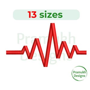 May include: Red heart beat line graphic with the text "13 sizes" above it and the text "Pramukh Designs" below it.