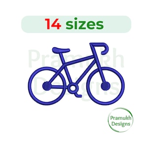 Pode incluir: Um design de bordado à máquina azul de uma bicicleta com selim, guiador e duas rodas. Acima da bicicleta, o texto 14 sizes é exibido em vermelho e verde. Um logótipo circular com o texto Pramukh Designs está no canto inferior direito.