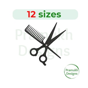 May include: Black scissors and comb graphic with the text "12 sizes" in red and green. The image also includes the text "Pramukh Designs" in a green circle. This design is likely for a hair stylist or barber.