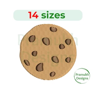 Puede incluir: Una galleta de chocolate con chispas de chocolate marrón, disponible en 14 tamaños diferentes. La galleta tiene una superficie texturizada.