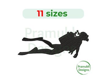 May include: Black silhouette of a scuba diver with an oxygen tank on their back, swimming underwater. The image includes the text "11 sizes".