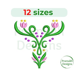 May include: Embroidered design featuring two pink flowers with yellow centres, green leaves, and purple dots. The design is symmetrical and has a floral motif. The text "12 sizes" is displayed above the design.