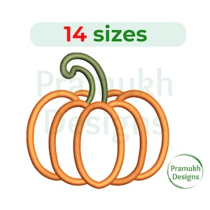 May include: Orange pumpkin with a green stem. The pumpkin is made of three overlapping circles. The image includes the text "14 sizes".